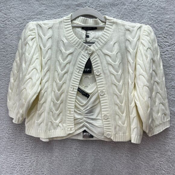 White Cable Knit Cropped Cardigan Womens Medium Nasty Gal Festival Nautical NWT - Picture 1 of 8